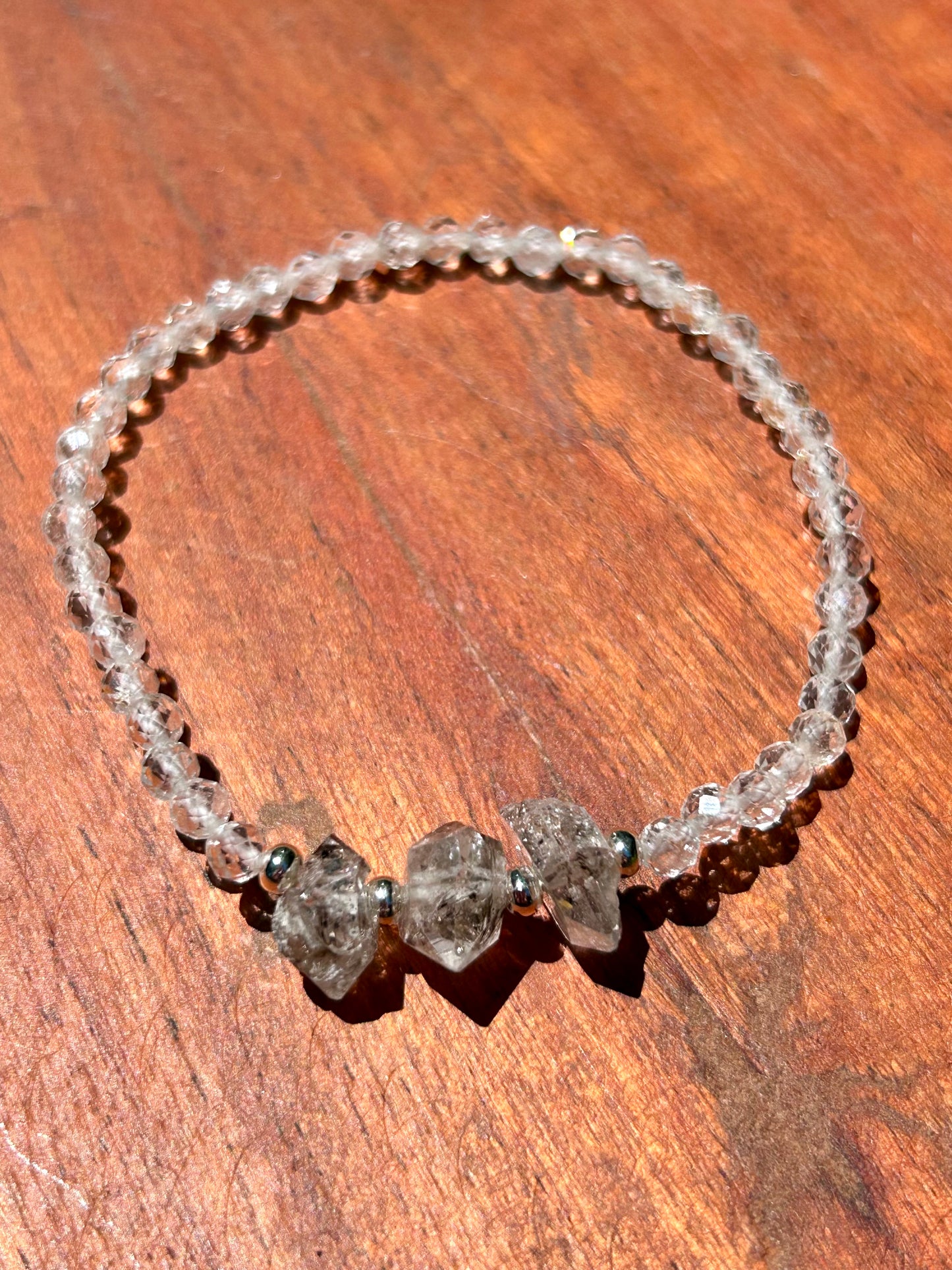 Genuine Herkimer Diamond Gemstone Beaded Bracelet with 925 Sterling Silver Spacer Beads (Iolite/Pietersite/Alalite/Topaz/Rhodonite)