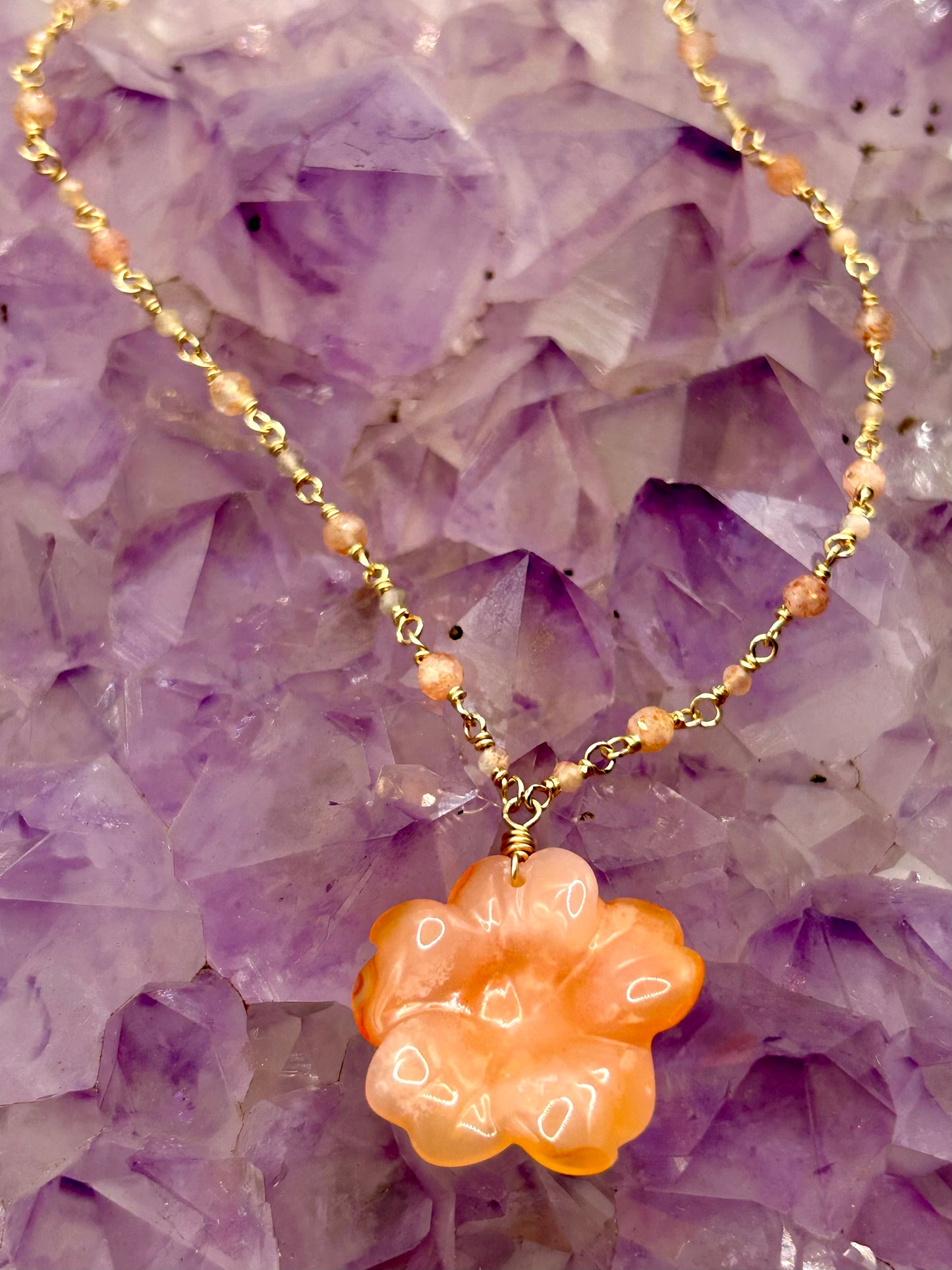 Carnelian Flower Pendant with Sunstone & Moonstone 14k Gold Fill Chain Link Gemstone Wire Wrapped Necklace