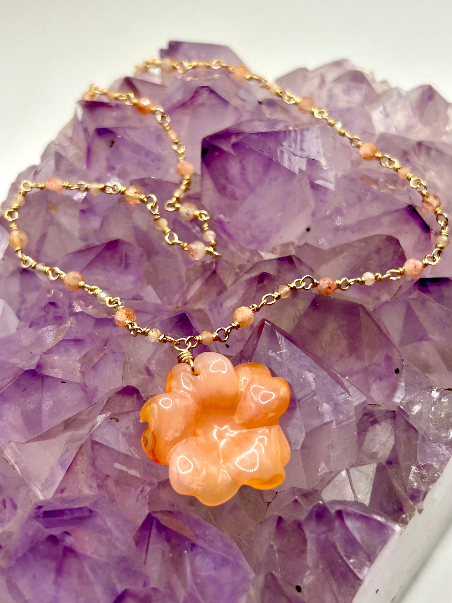 Carnelian Flower Pendant with Sunstone & Moonstone 14k Gold Fill Chain Link Gemstone Wire Wrapped Necklace