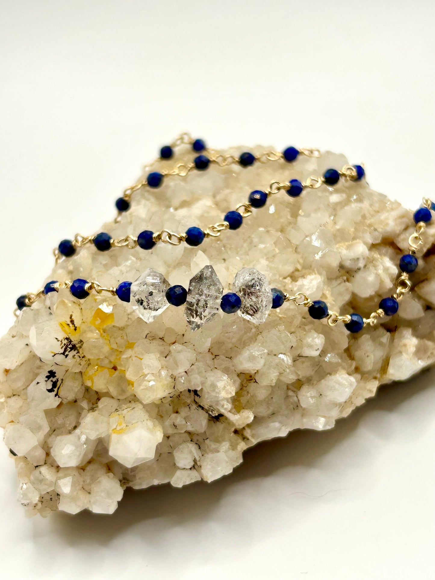 Lapiz Lazuli & Herkimer Diamond 14k Gold Fill Chain Link Gemstone Wire Wrapped Necklace