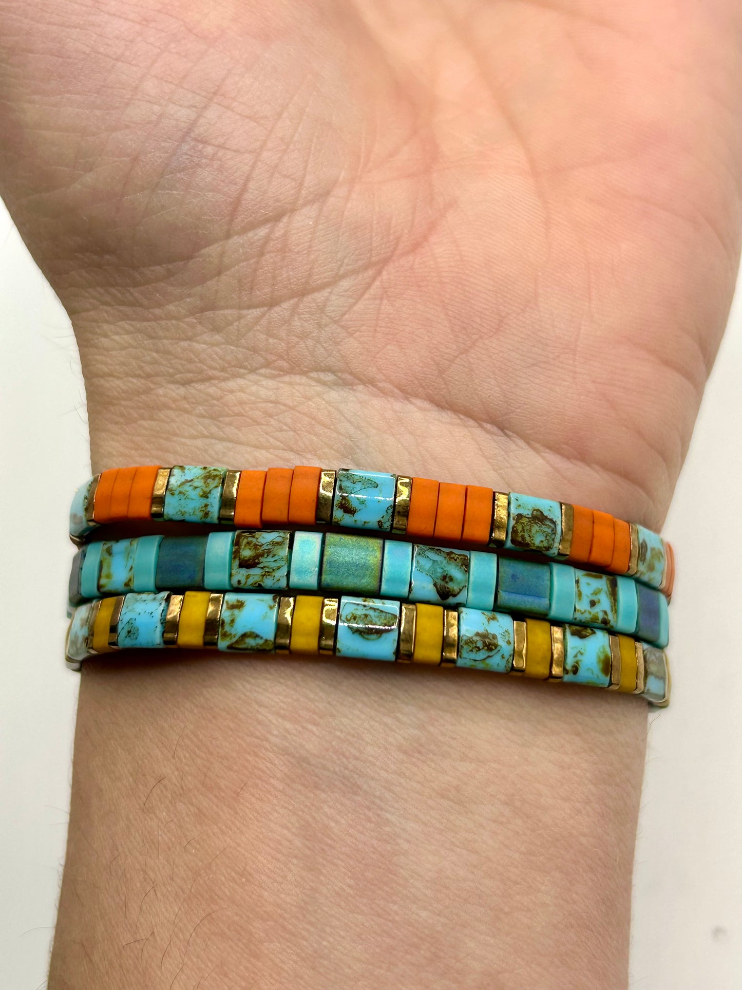 Sunset Turquoise Tila Glass Bead Elastic Bracelet Collection