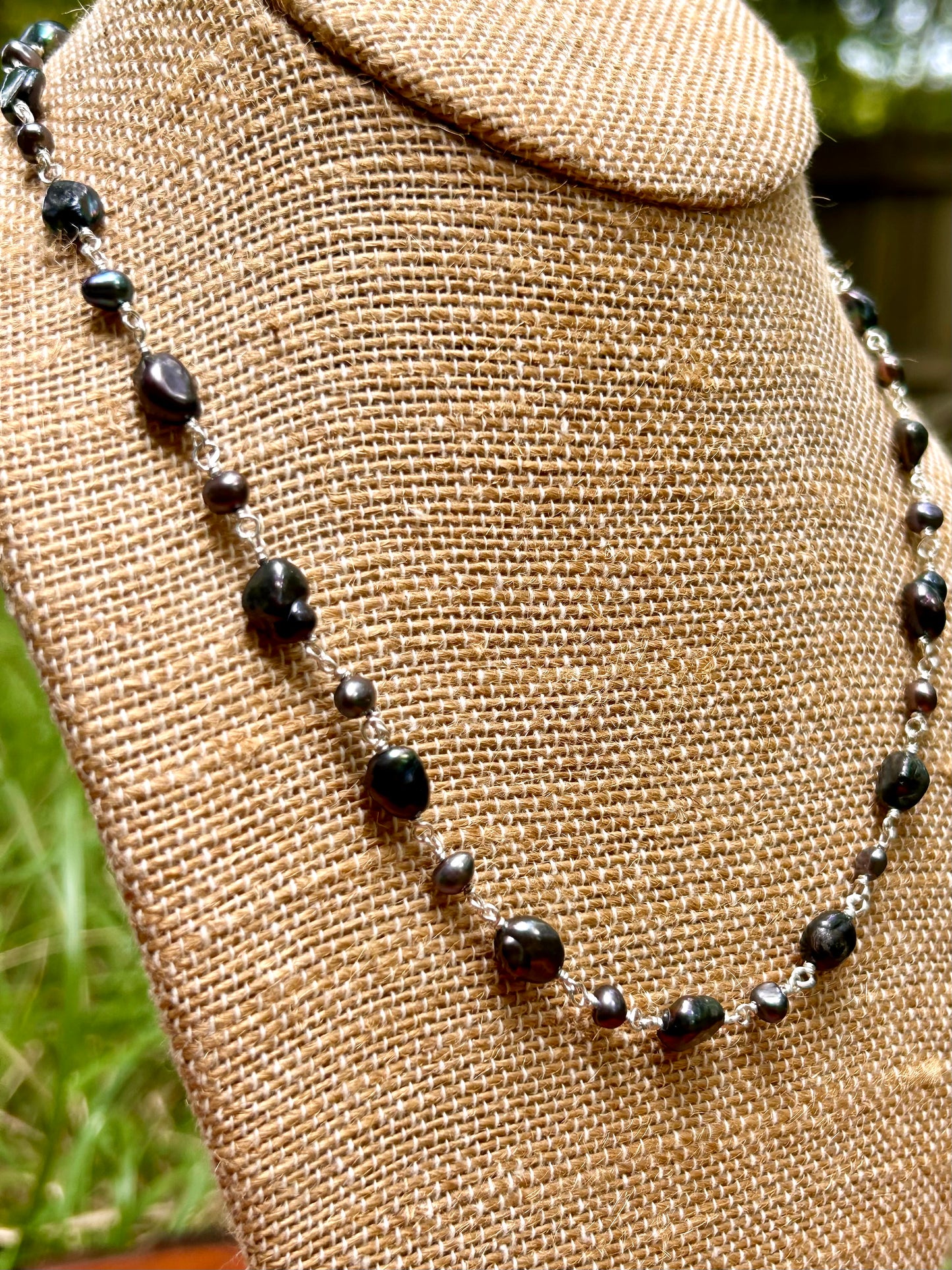 Black Freshwater Pearl Sterling Silver Chain Link Wire Wrapped Necklace