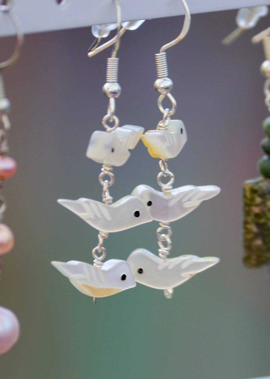 Mother of Pearl Birds Gemstone Sterling Silver Dangly Earrings