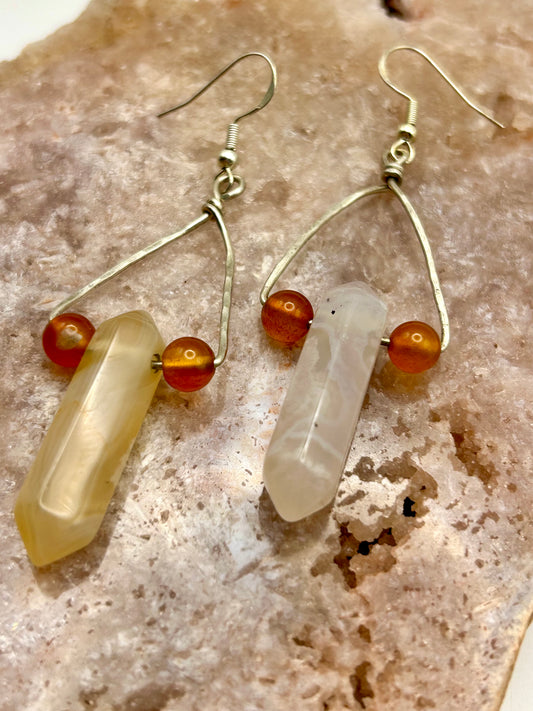 Flower Agate & Carnelian Gemstone Sterling Silver Dangly Earrings