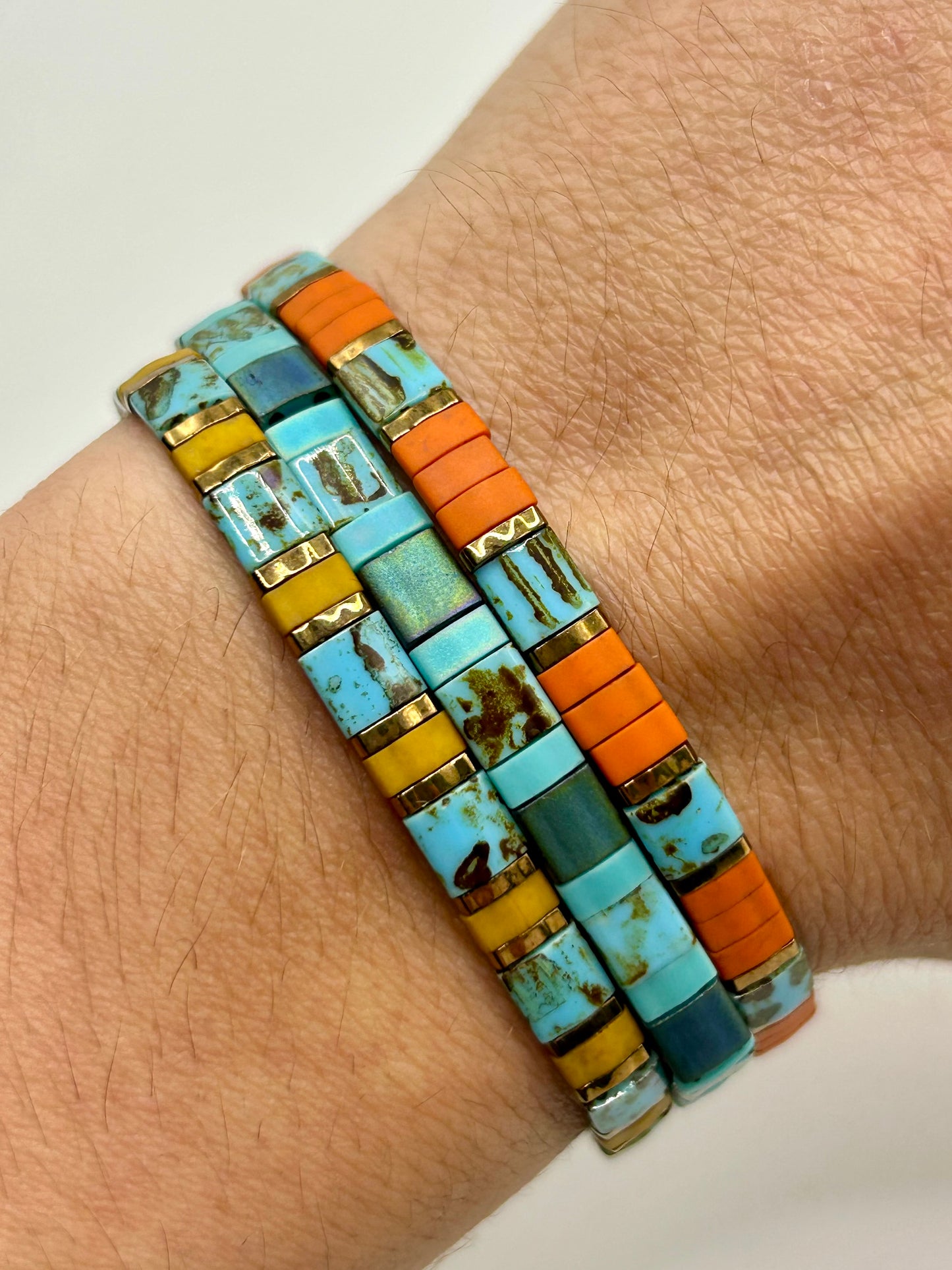 Sunset Turquoise Tila Glass Bead Elastic Bracelet Collection