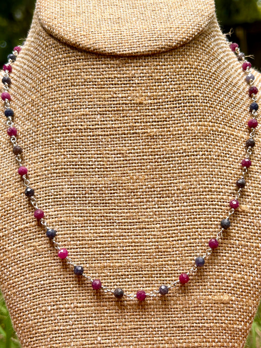 Ruby & Sapphire Gemstone Sterling Silver Chain Link Wire Wrapped Necklace