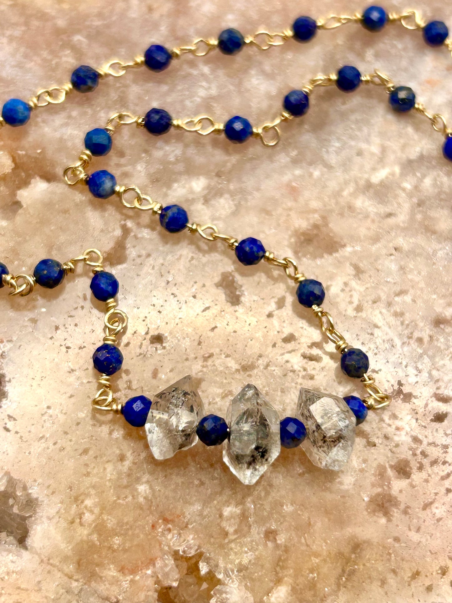 Lapiz Lazuli & Herkimer Diamond 14k Gold Fill Chain Link Gemstone Wire Wrapped Necklace