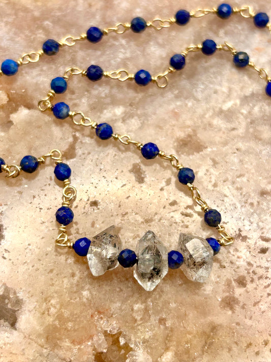 Lapiz Lazuli & Herkimer Diamond 14k Gold Fill Chain Link Gemstone Wire Wrapped Necklace