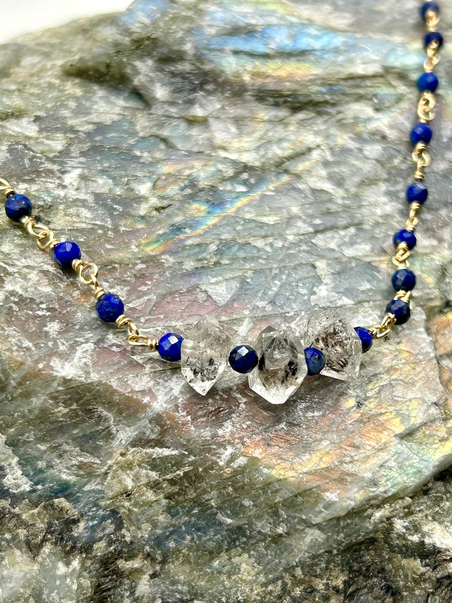 Lapiz Lazuli & Herkimer Diamond 14k Gold Fill Chain Link Gemstone Wire Wrapped Necklace