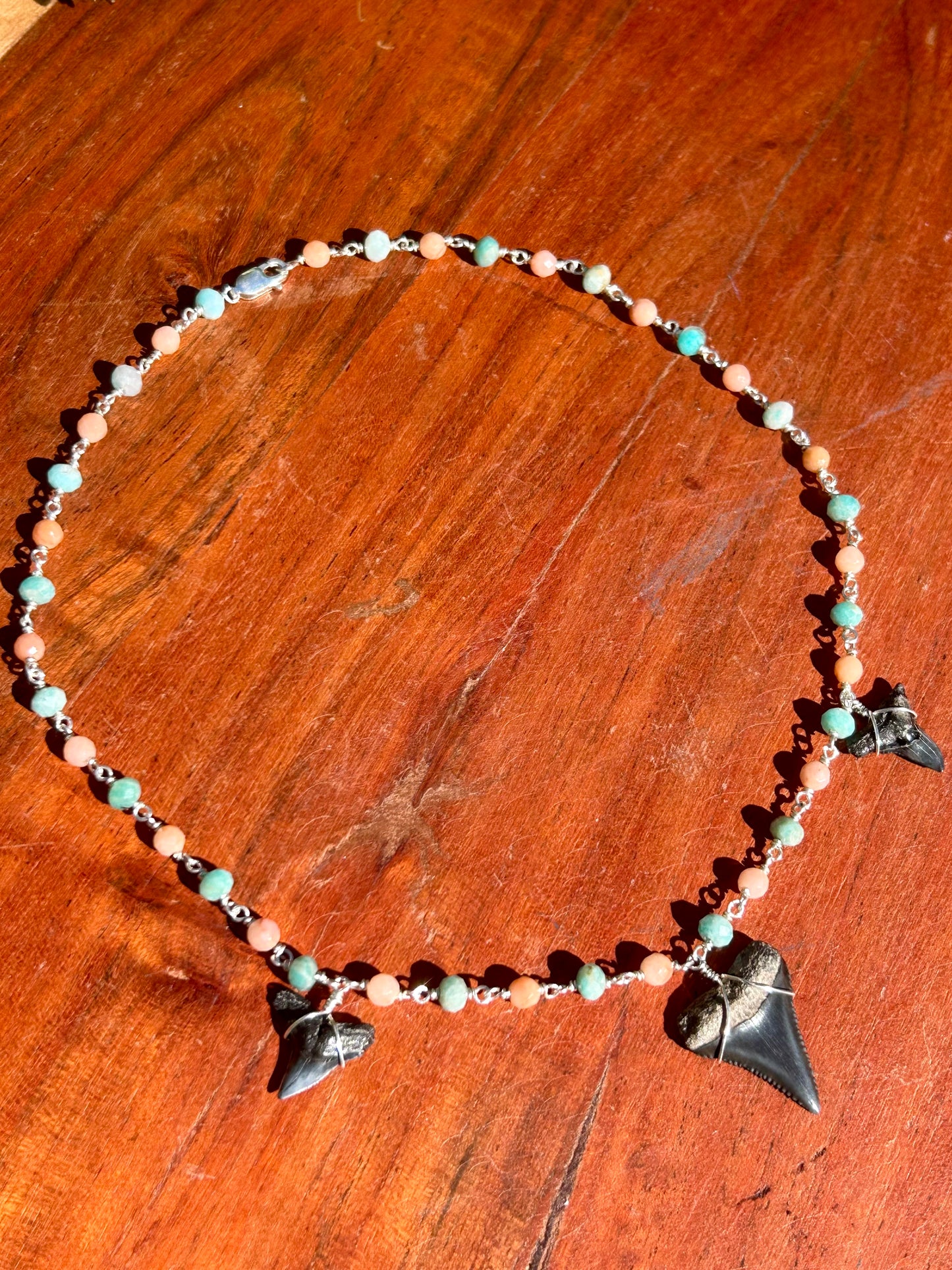 Triple Shark Tooth Fossils with Russian Amazonite & Red Aventurine Gemstone Sterling Silver Chain Link Wire Wrapped Necklace