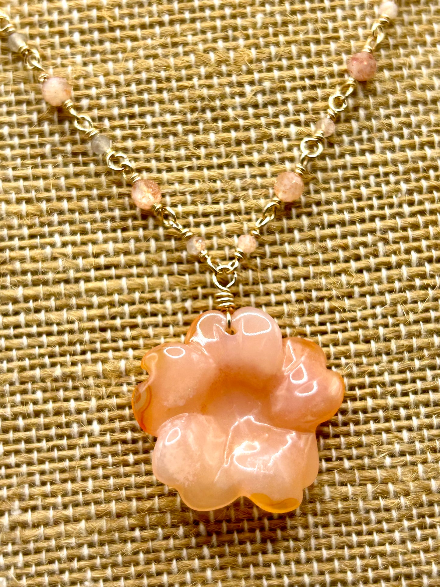 Carnelian Flower Pendant with Sunstone & Moonstone 14k Gold Fill Chain Link Gemstone Wire Wrapped Necklace