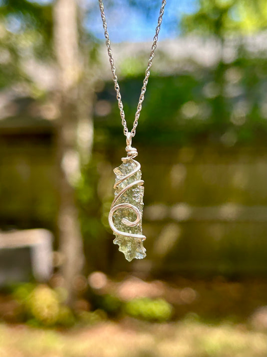 Moldavite Sterling Silver Wire Wrapped Simple Pendant Necklace