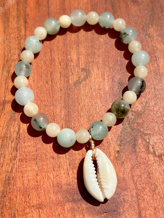 Cowrie Shell, Blue Agate & Yellow Jade Gemstone Bracelet