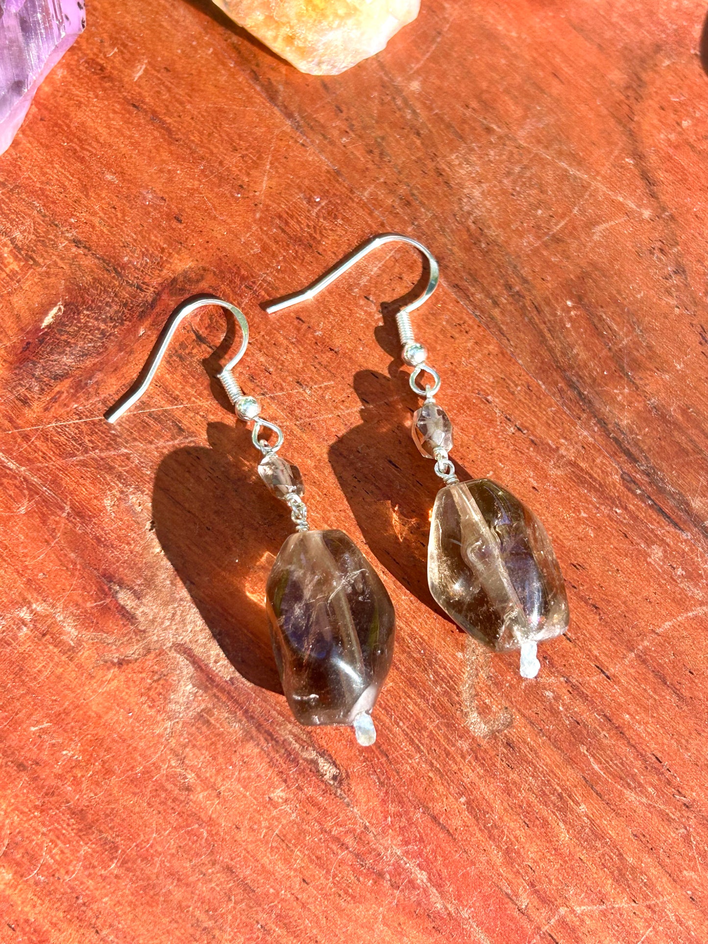 Smoky Quartz Gemstone Sterling Silver Dangly Earrings