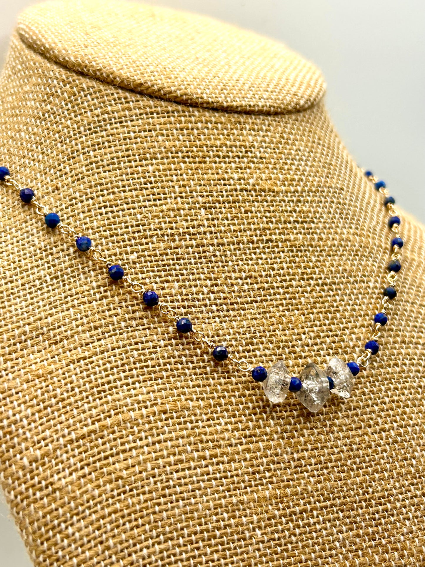 Lapiz Lazuli & Herkimer Diamond 14k Gold Fill Chain Link Gemstone Wire Wrapped Necklace