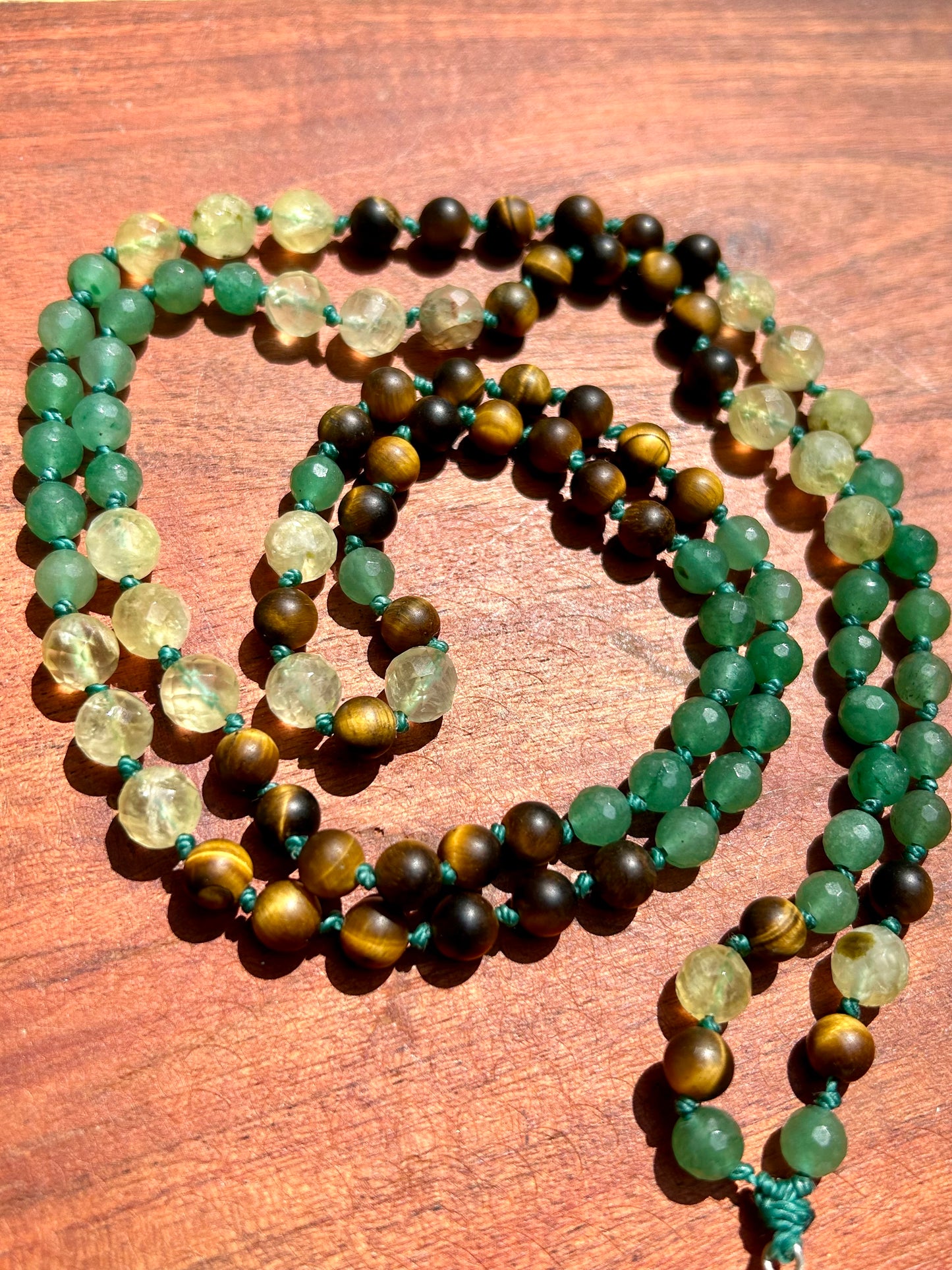 Quartz, Green Aventurine, Prehnite & Tiger’s Eye Hand Knotted Mala Beads Necklace