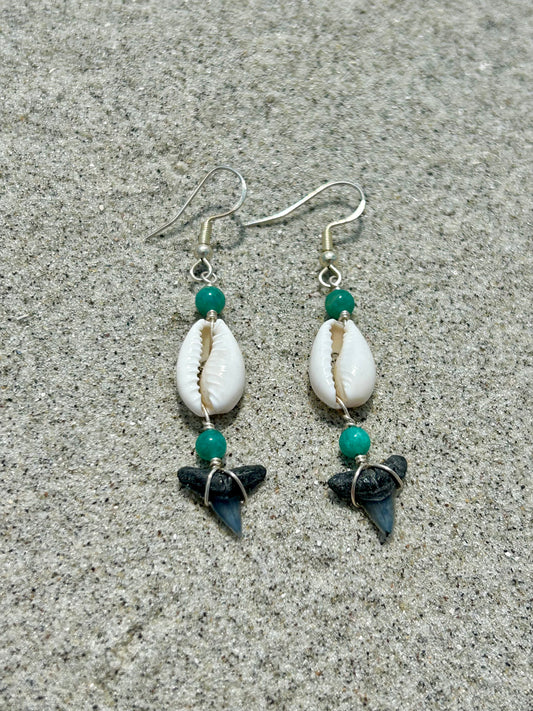 Shark Tooth Fossil with Cowrie Shell & Amazonite Gemstone Sterling Silver Dangly Earrings