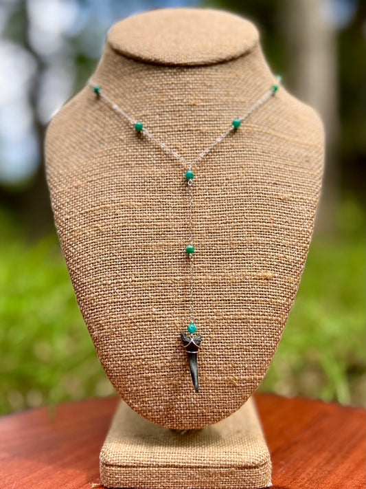 Shark Tooth Fossil with Amazonite Gemstone Sterling Silver Satellite Chain Wire Wrapped Lariat Necklace