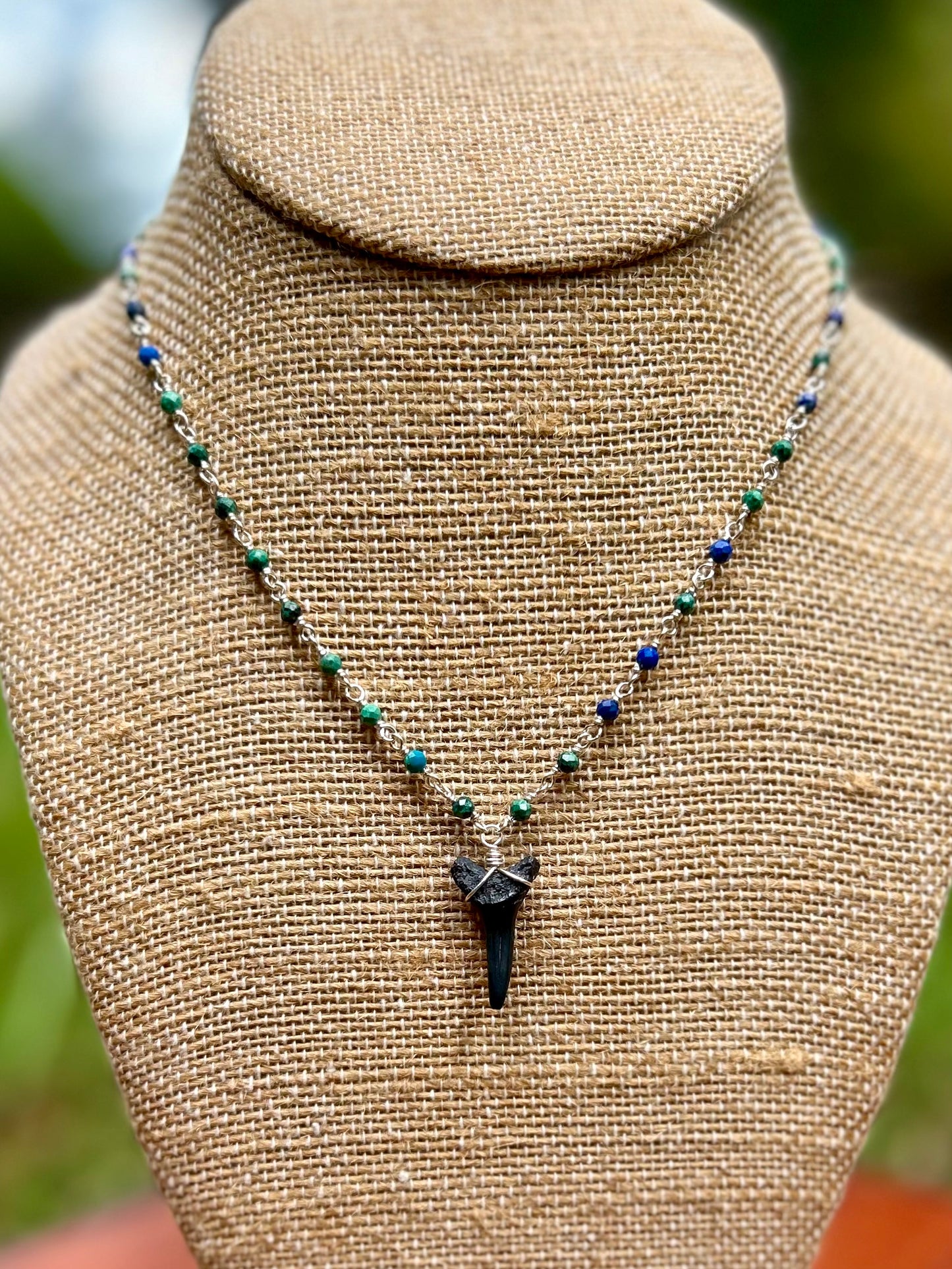 Shark Tooth Fossil with Azurite Gemstone Sterling Silver Chain Link Wire Wrapped Necklace