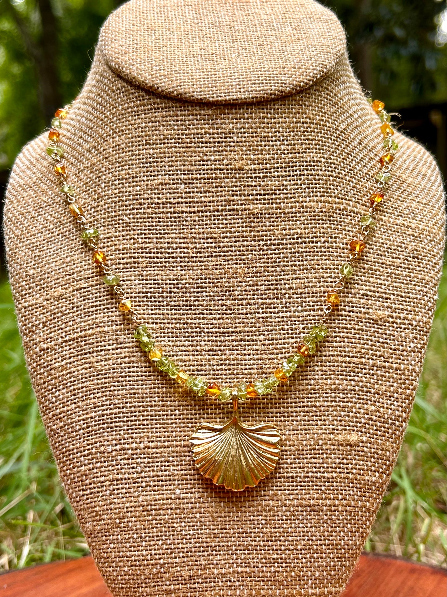 Ginkgo Leaf with Peridot & Amber 14k Gold Fill Chain Link Gemstone Wire Wrapped Necklace