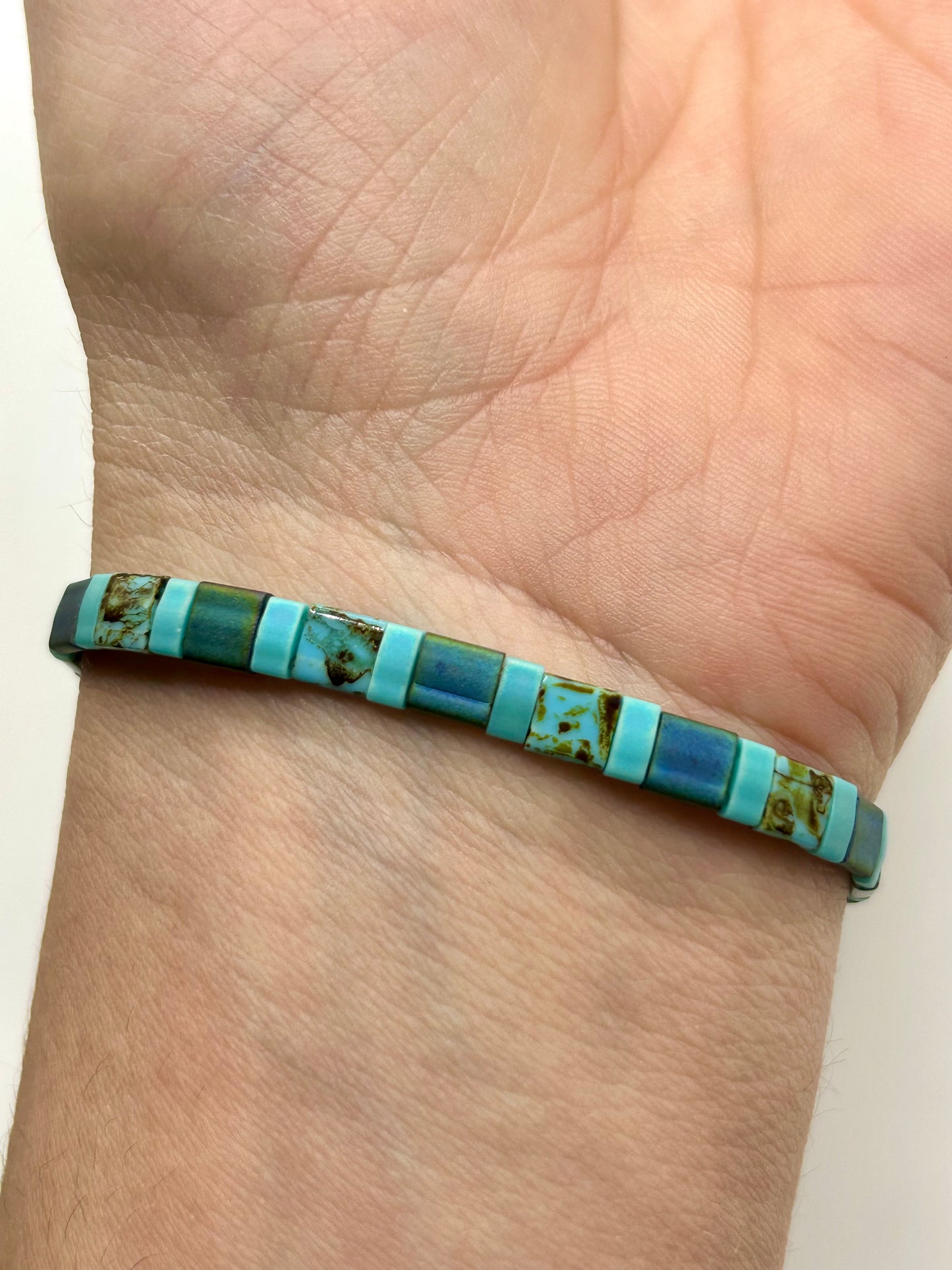 Sunset Turquoise Tila Glass Bead Elastic Bracelet Collection