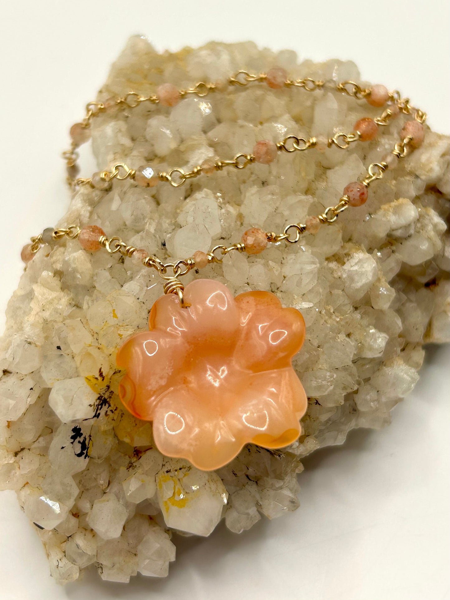 Carnelian Flower Pendant with Sunstone & Moonstone 14k Gold Fill Chain Link Gemstone Wire Wrapped Necklace