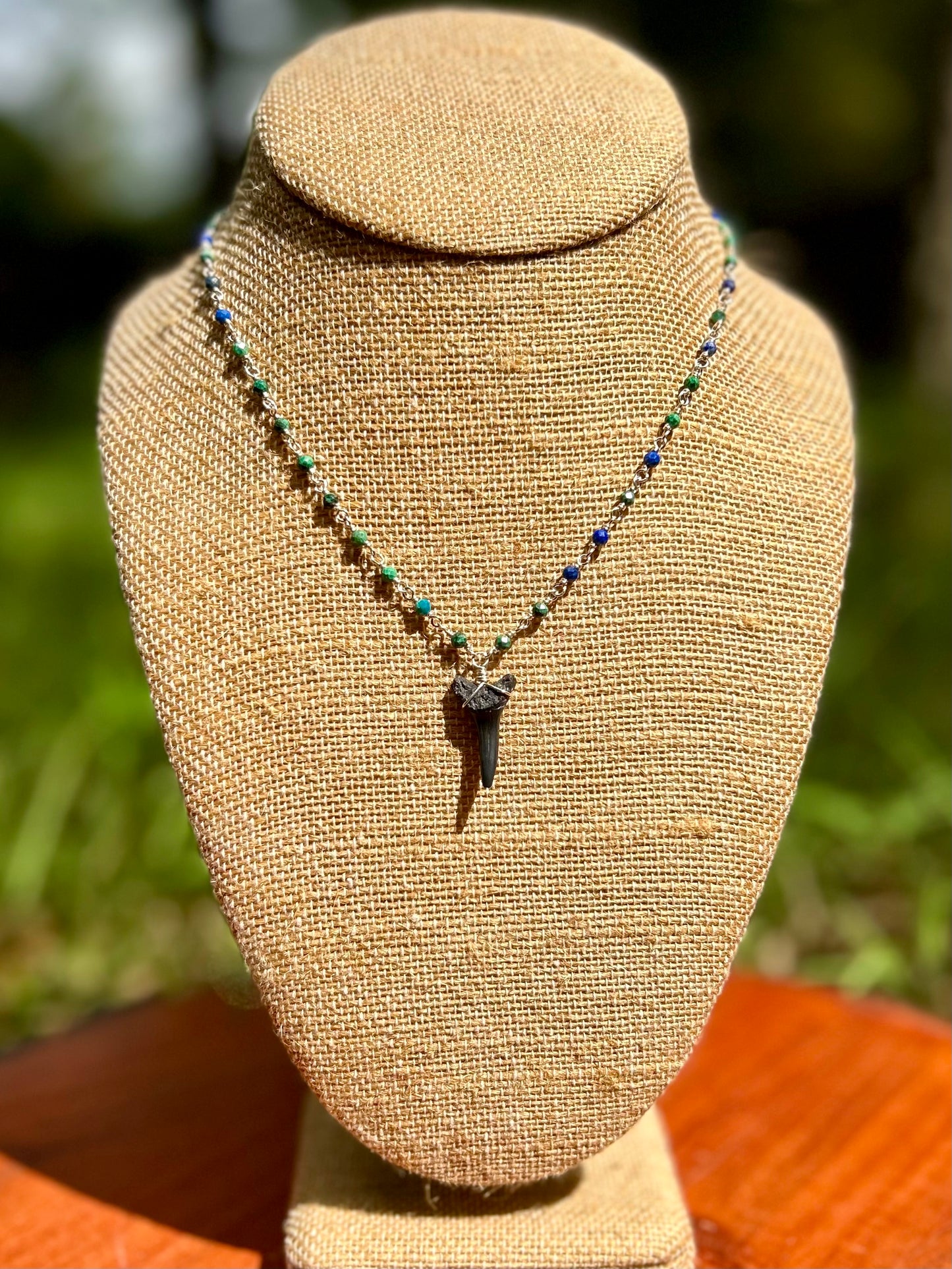 Shark Tooth Fossil with Azurite Gemstone Sterling Silver Chain Link Wire Wrapped Necklace