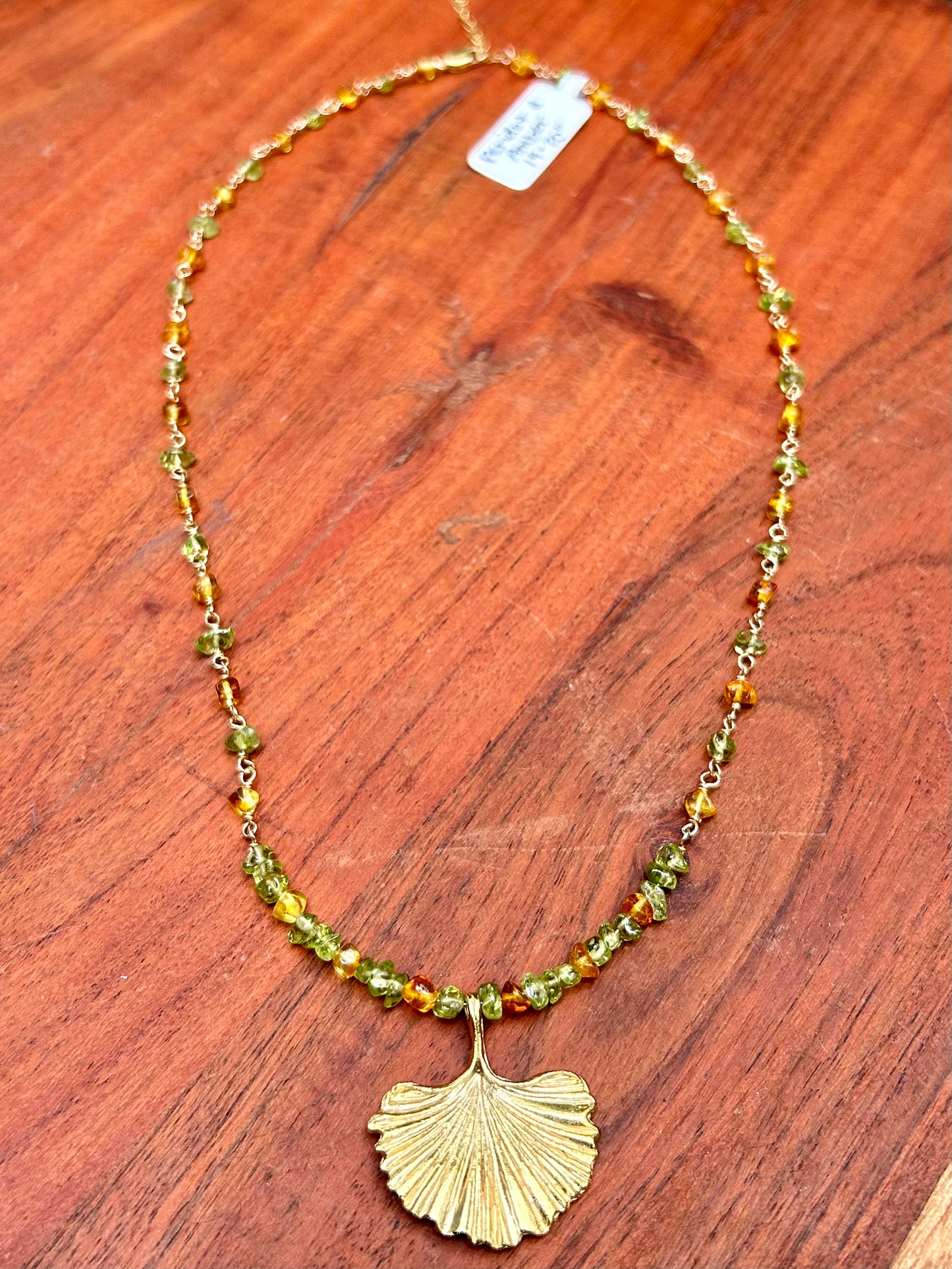 Ginkgo Leaf with Peridot & Amber 14k Gold Fill Chain Link Gemstone Wire Wrapped Necklace