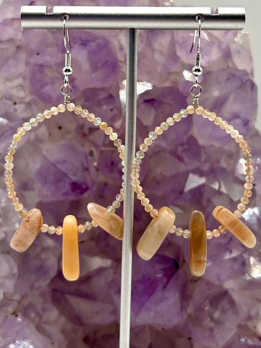 Sunstone & Peach Moonstone Gemstone Sterling Silver Dangly Hoop Earrings