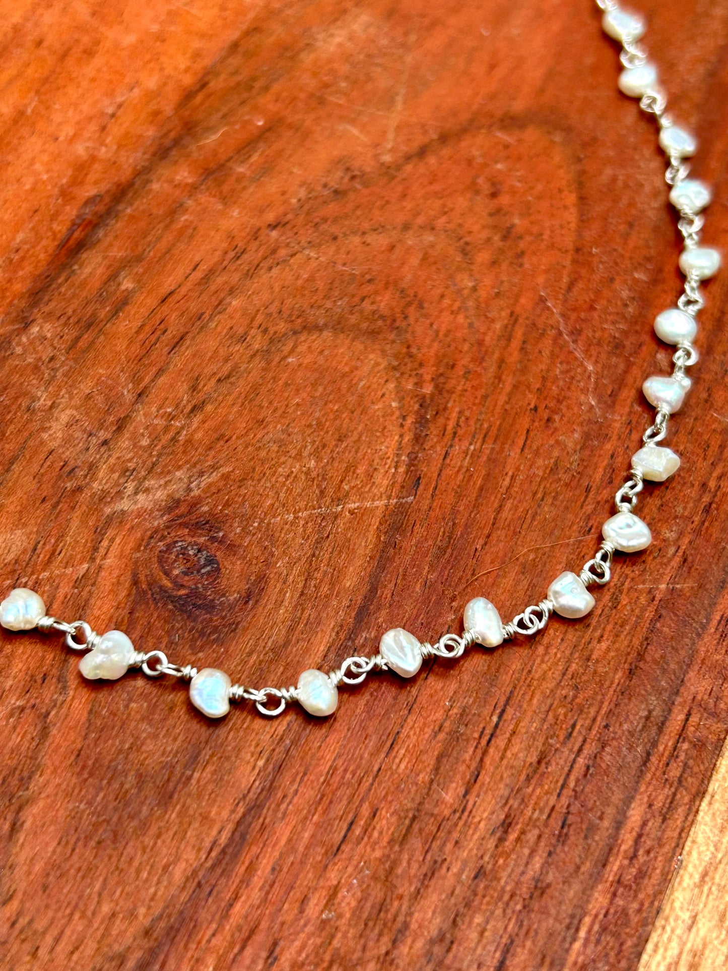 White Freshwater Pearl Sterling Silver Chain Link Wire Wrapped Necklace