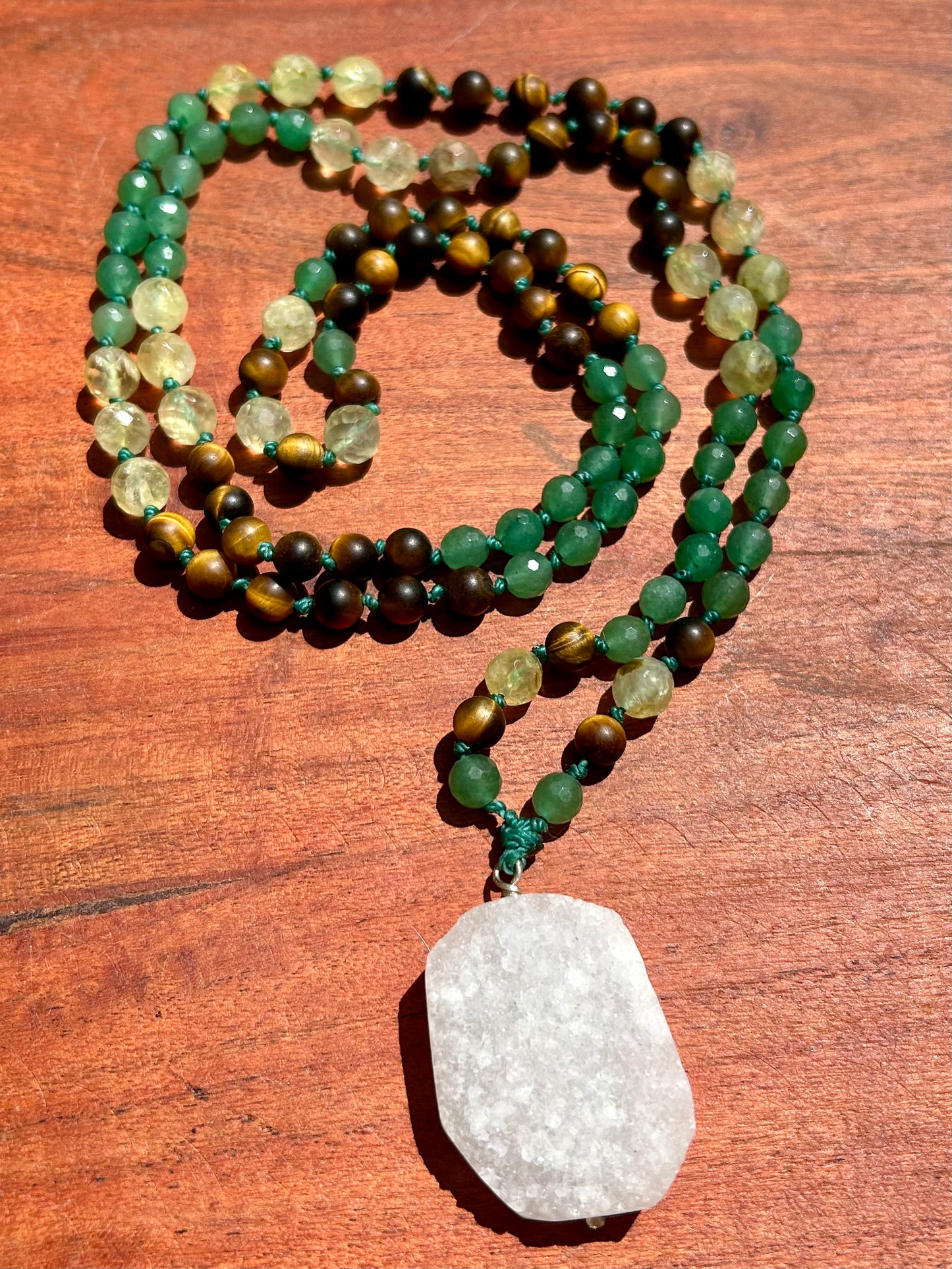 Quartz, Green Aventurine, Prehnite & Tiger’s Eye Hand Knotted Mala Beads Necklace