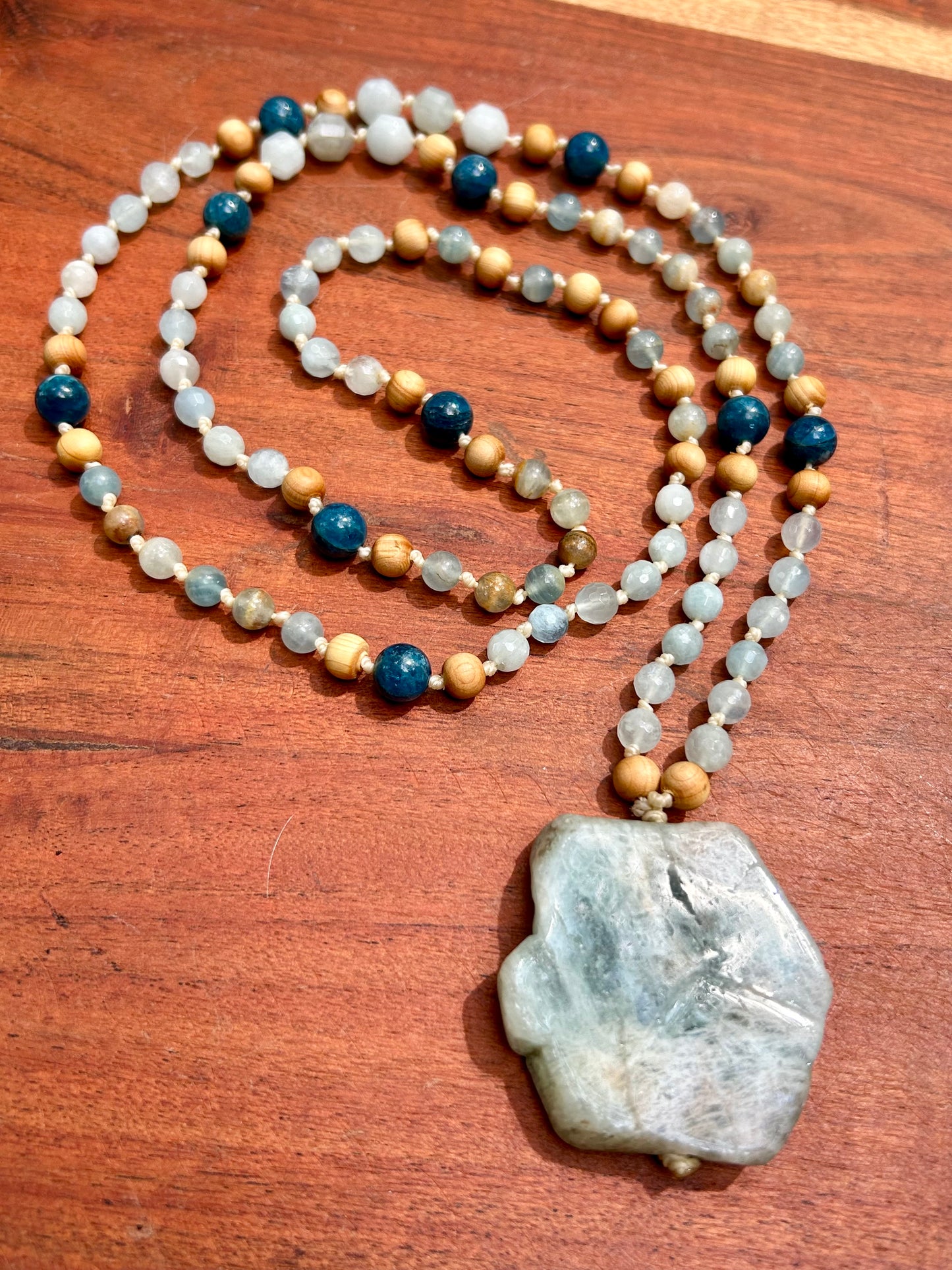 Aquamarine, Apatite & Cedar Wood Hand Knotted Mala Beads Necklace