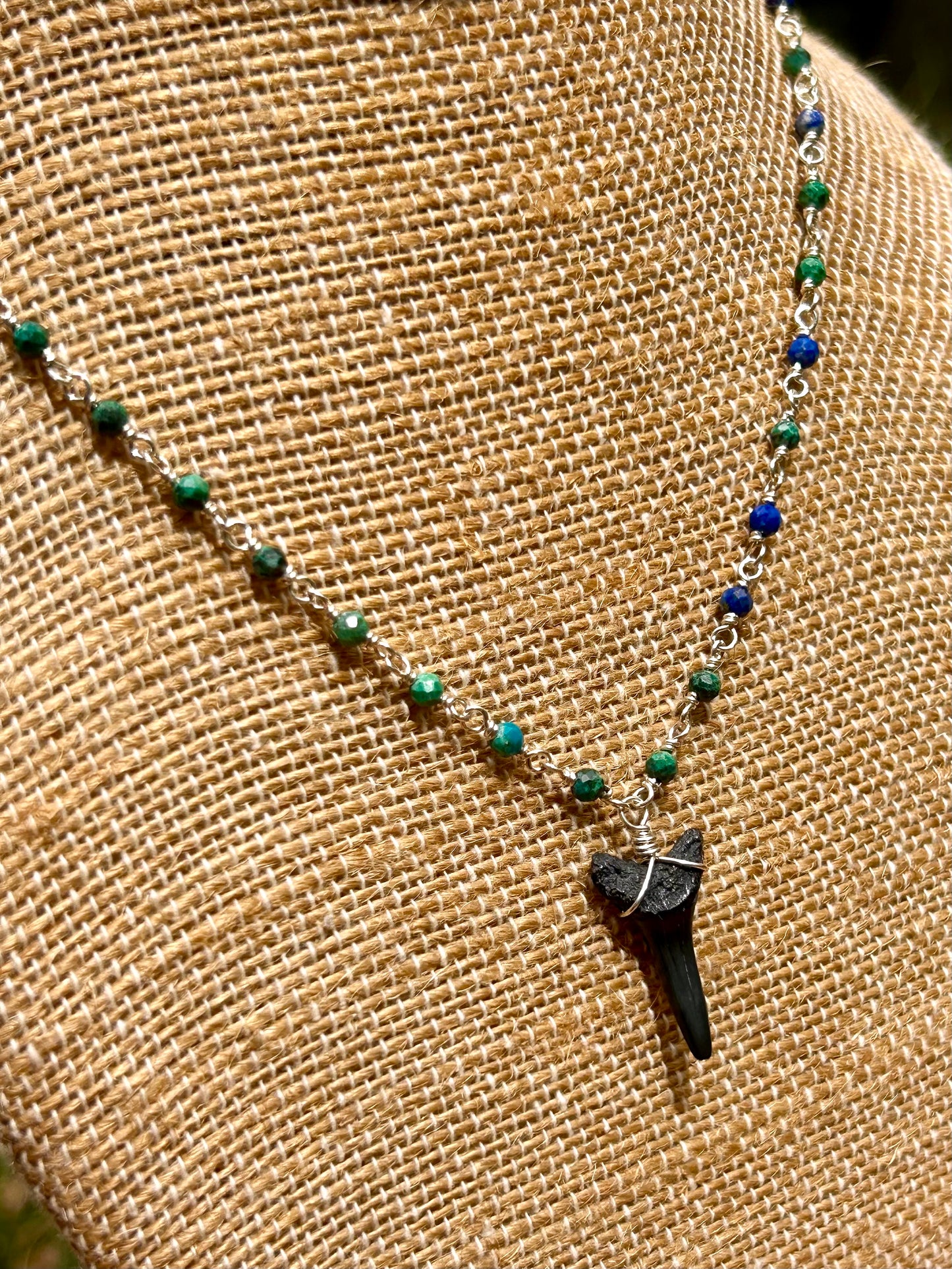 Shark Tooth Fossil with Azurite Gemstone Sterling Silver Chain Link Wire Wrapped Necklace