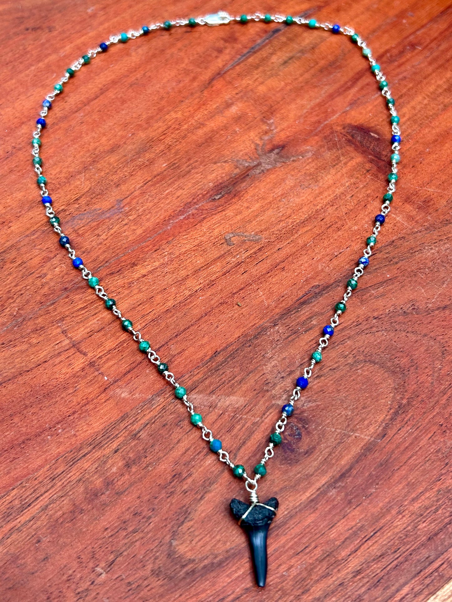 Shark Tooth Fossil with Azurite Gemstone Sterling Silver Chain Link Wire Wrapped Necklace