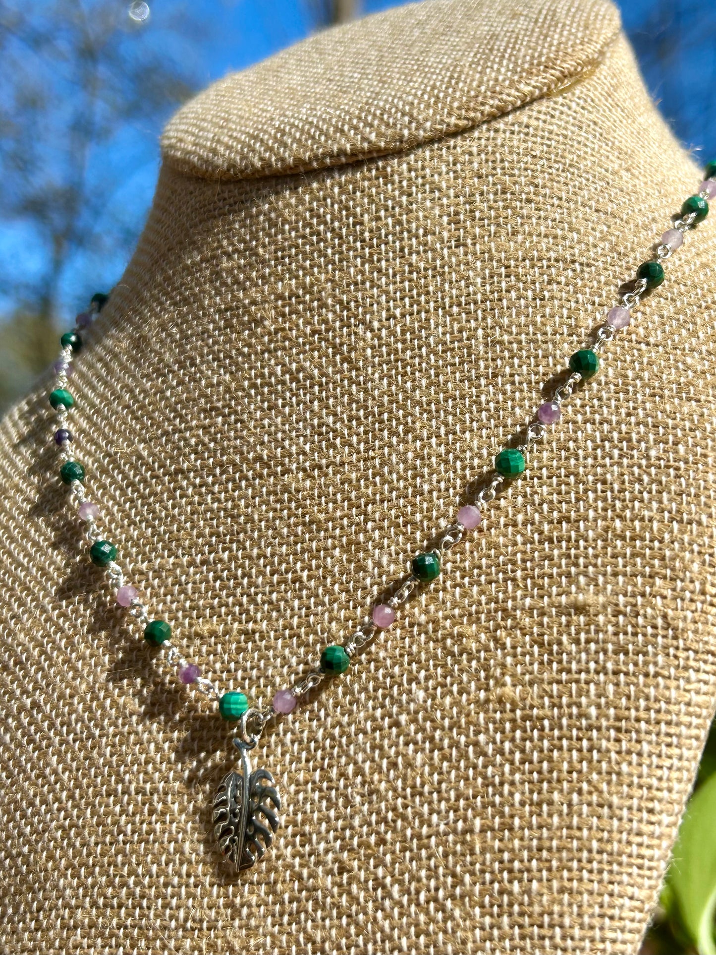 Monstera Leaf with Malachite & Lepidolite Gemstone Sterling Silver Chain Link Wire Wrapped Necklace