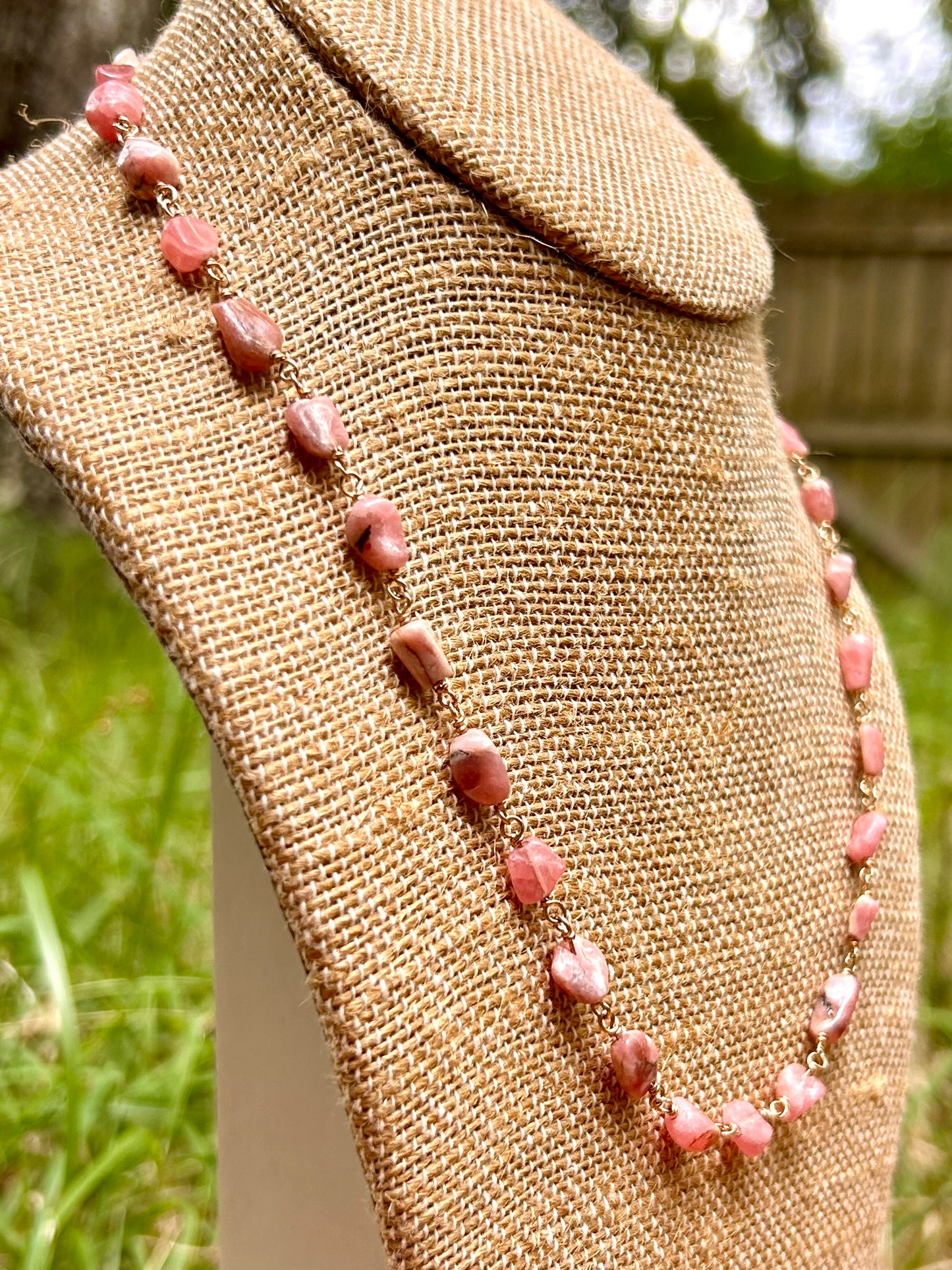 Rhodonite 14k Gold Fill Chain Link Gemstone Wire Wrapped Necklace