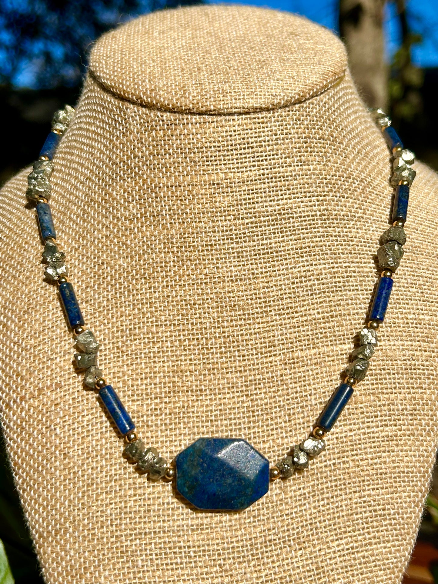 Lapis Lazuli & Pyrite with Gold Accents Beaded Necklace