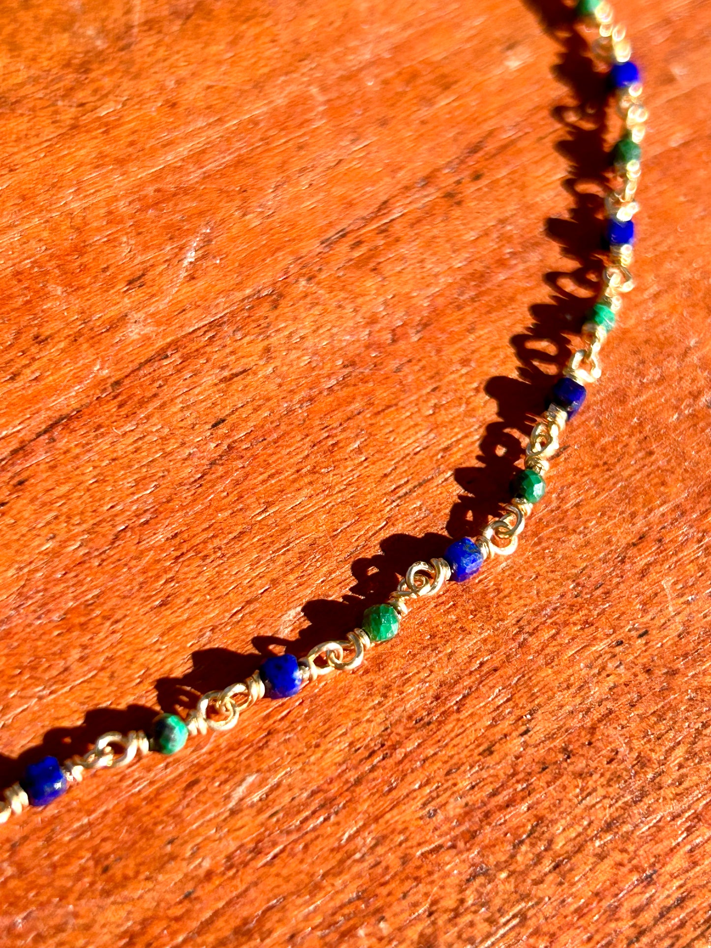 Malachite & Lapis Lazuli 14k Gold Fill Chain Link Gemstone Wire Wrapped Necklace