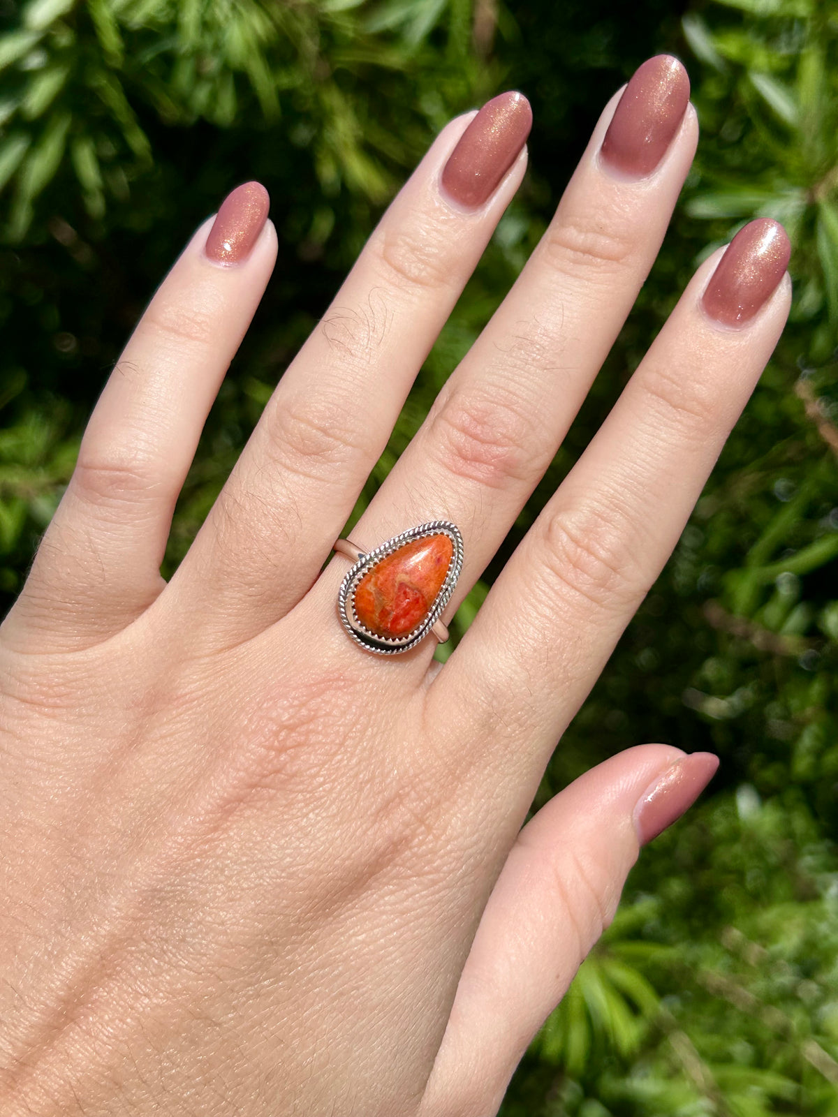 Apple Coral Sterling Silver Ring, Size 8.5