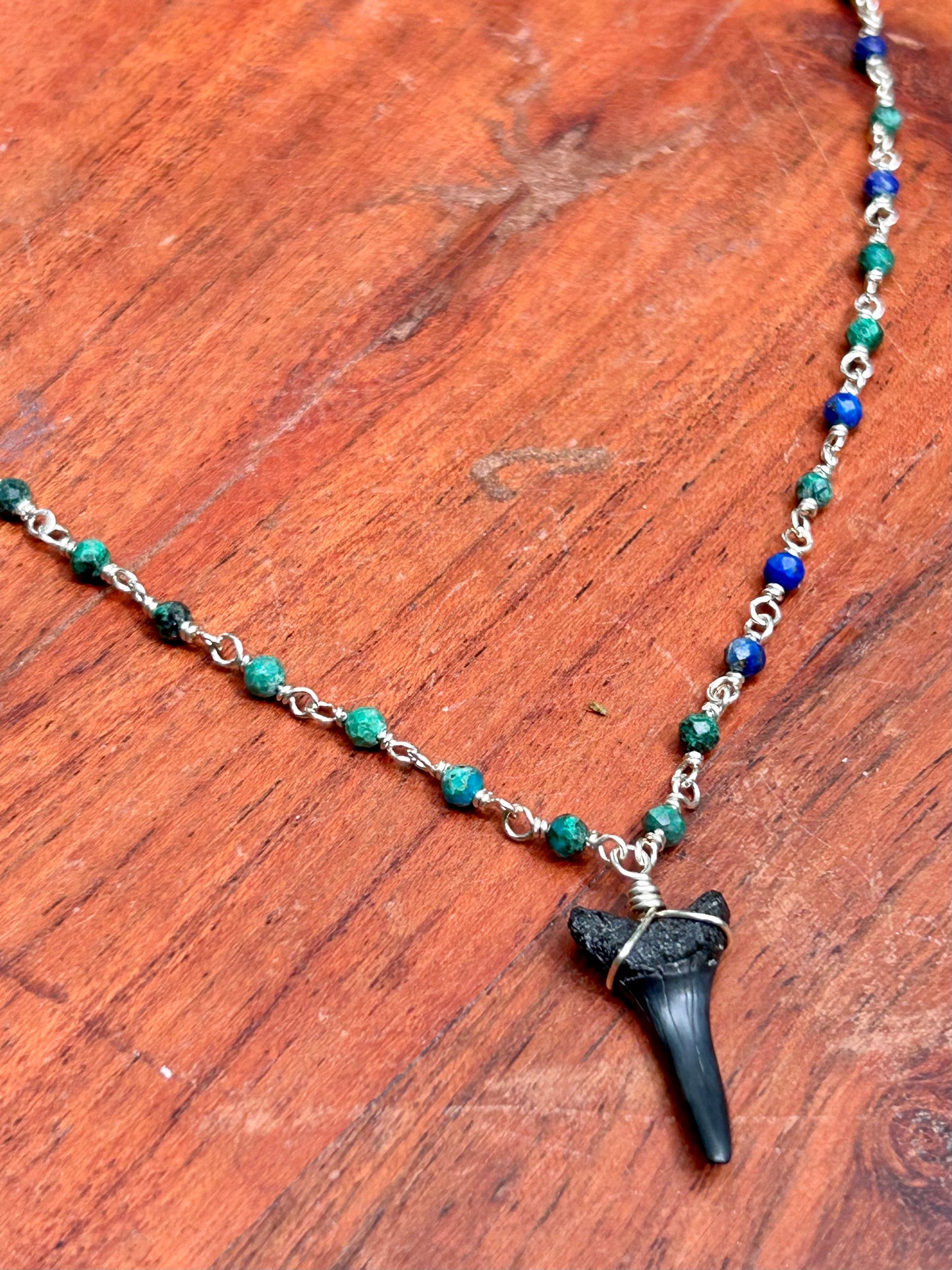 Shark Tooth Fossil with Azurite Gemstone Sterling Silver Chain Link Wire Wrapped Necklace