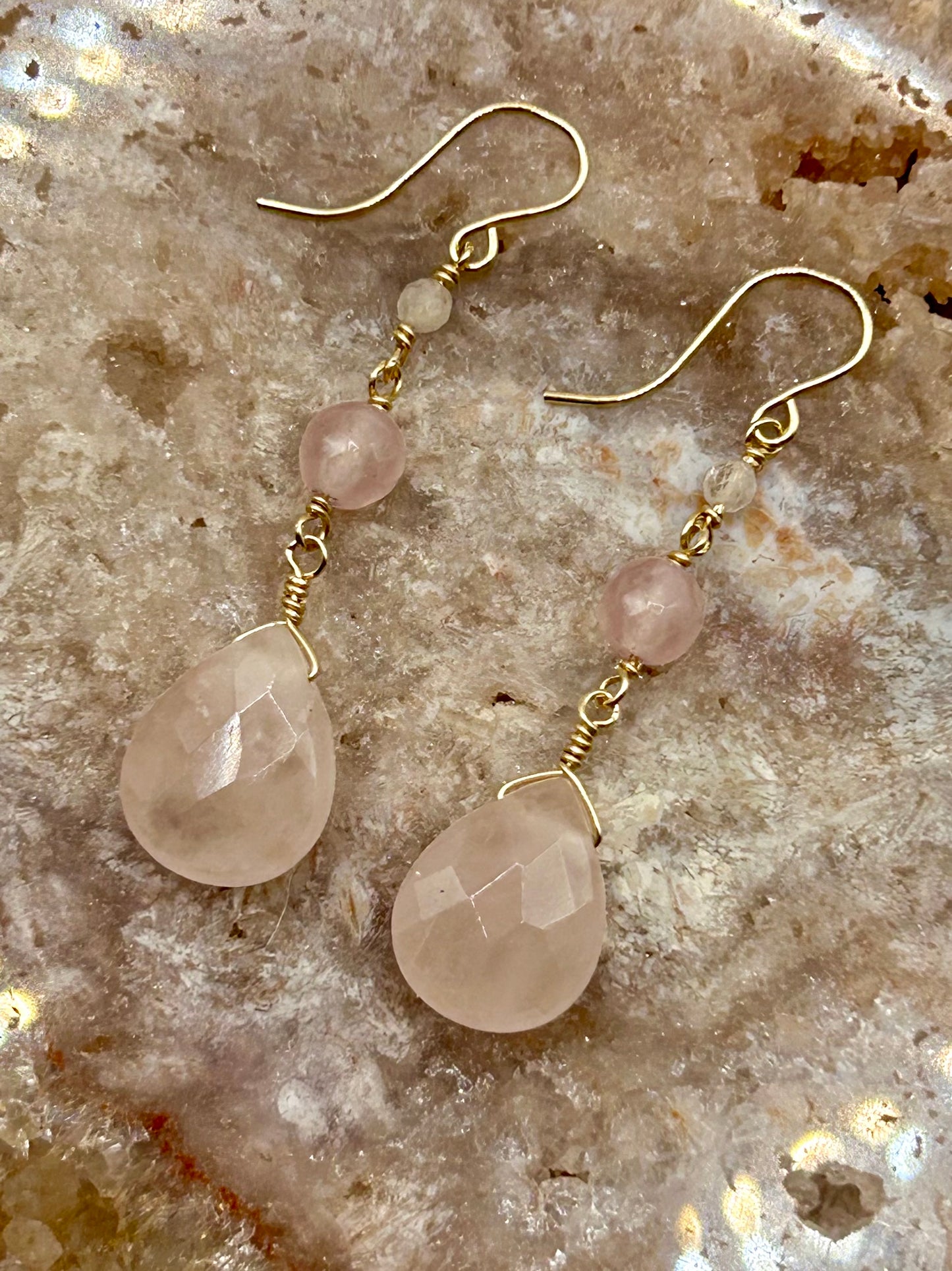 Rose Quartz & Morganite Gemstone 14k Gold Filled Dangly Earrings