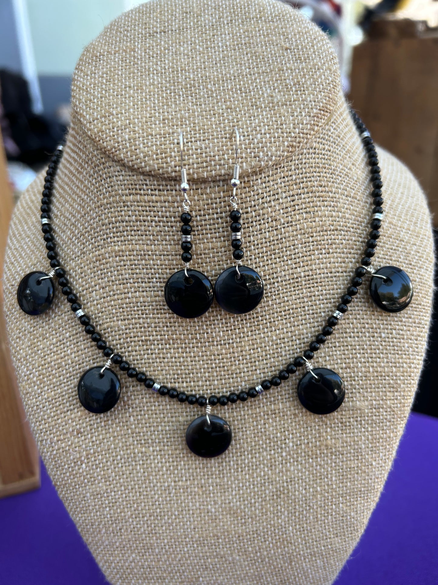 Black Onyx & Black Agate Disc Necklace & Earrings Set