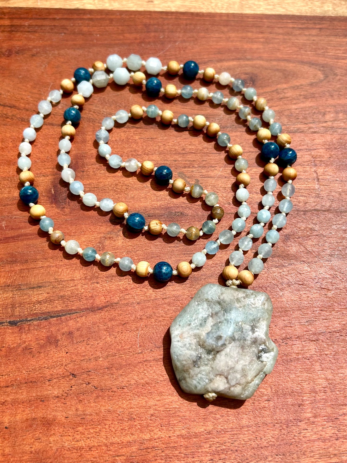 Aquamarine, Apatite & Cedar Wood Hand Knotted Mala Beads Necklace