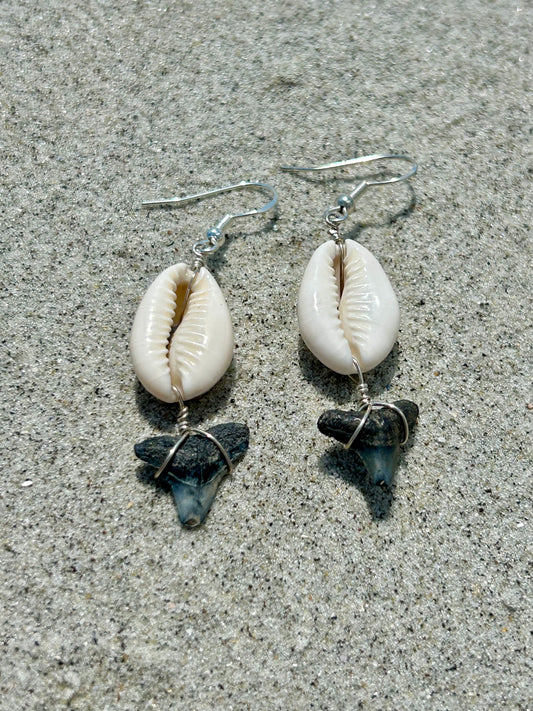 Shark Tooth Fossil with Cowrie Shell Gemstone Sterling Silver Dangly Earrings