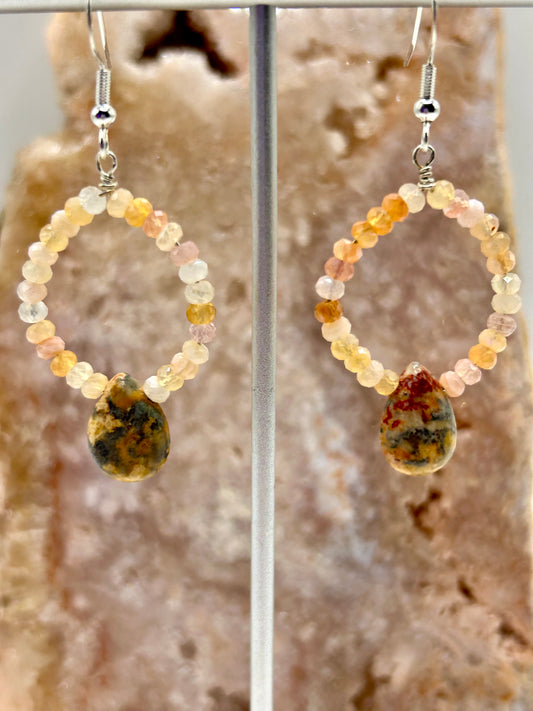 Botswana Agate & Leopard Skin Jasper Gemstone Sterling Silver Dangly Hoop Earrings