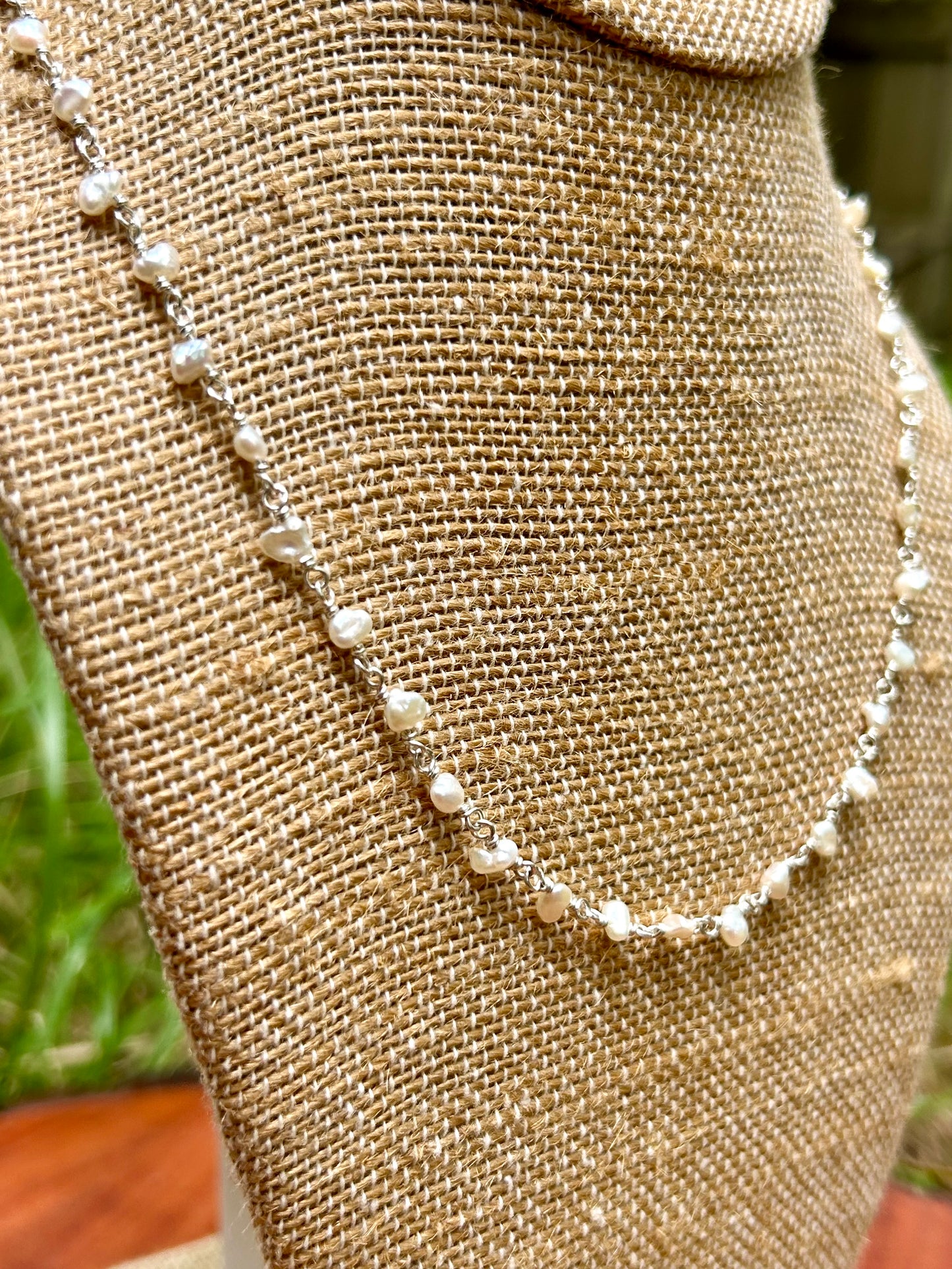 White Freshwater Pearl Sterling Silver Chain Link Wire Wrapped Necklace