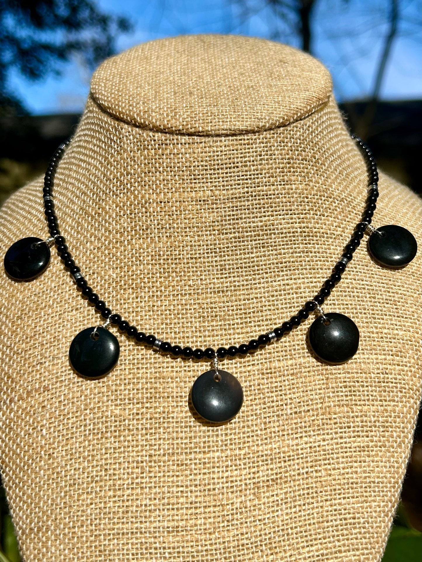 Black Onyx & Black Agate Disc Necklace & Earrings Set