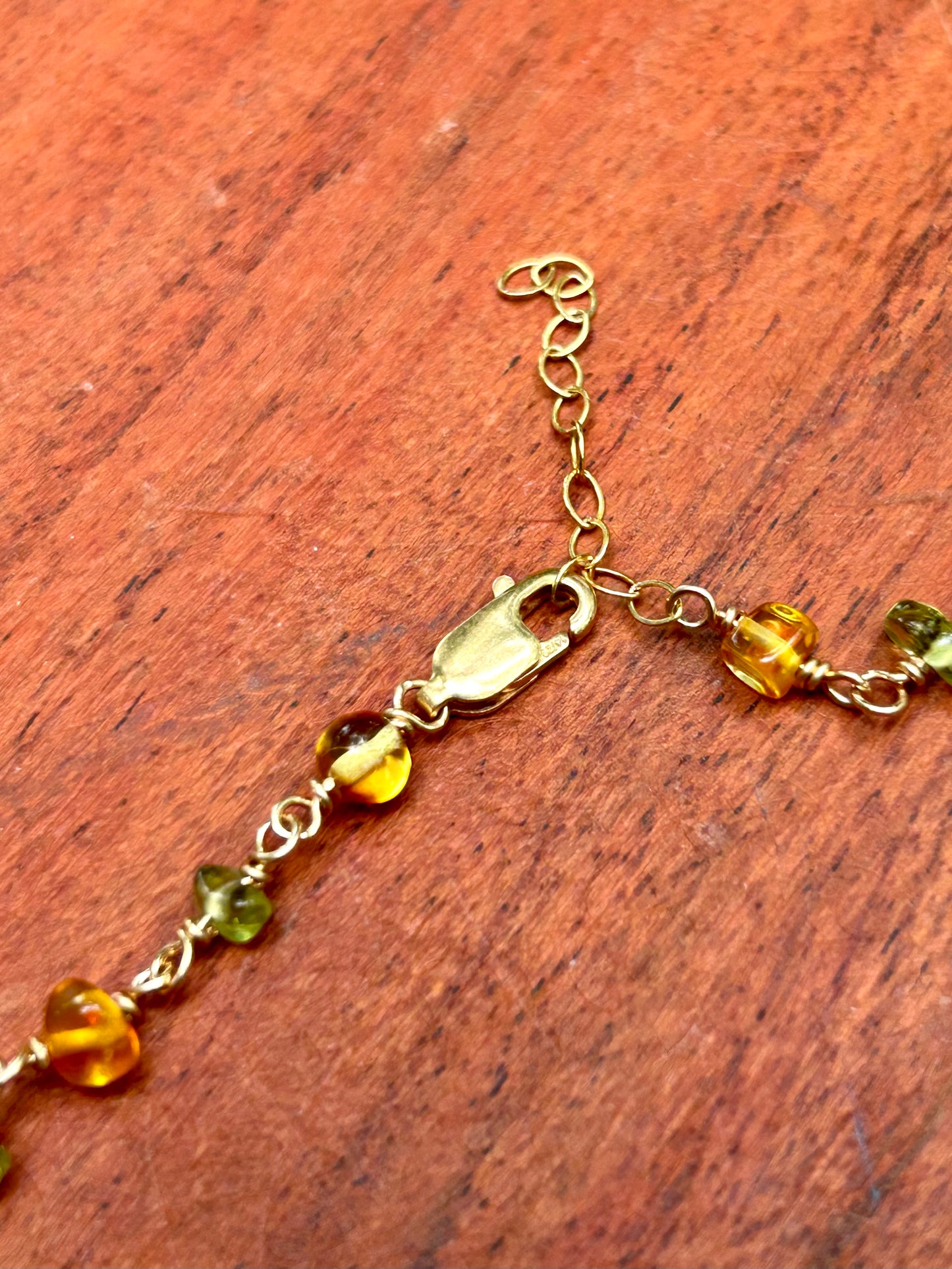 Ginkgo Leaf with Peridot & Amber 14k Gold Fill Chain Link Gemstone Wire Wrapped Necklace