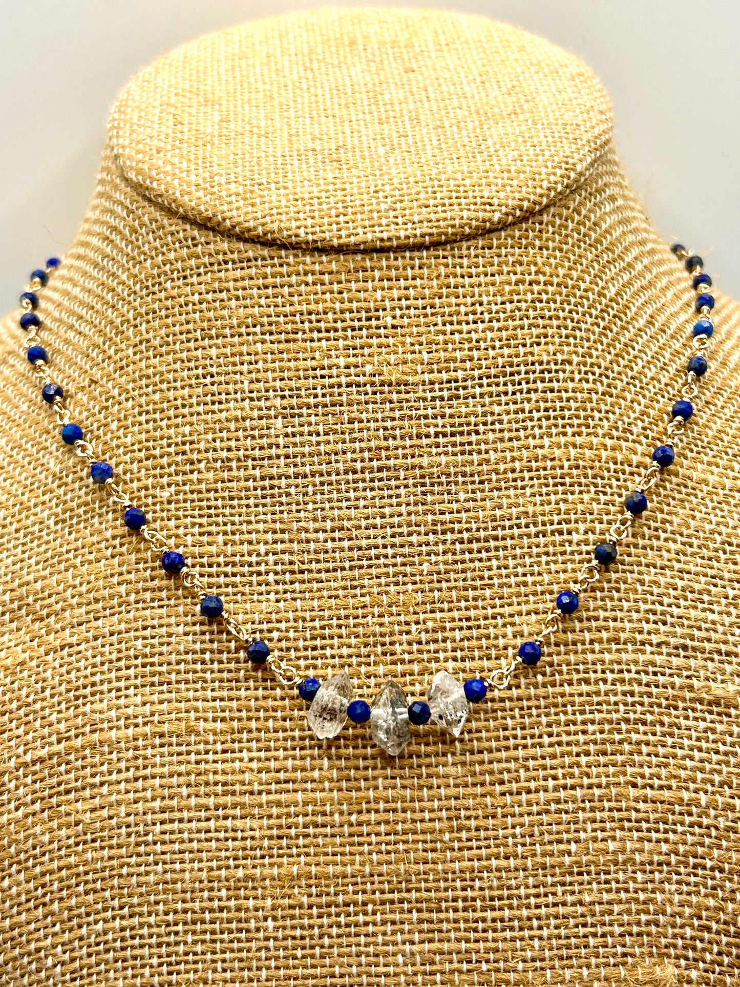 Lapiz Lazuli & Herkimer Diamond 14k Gold Fill Chain Link Gemstone Wire Wrapped Necklace