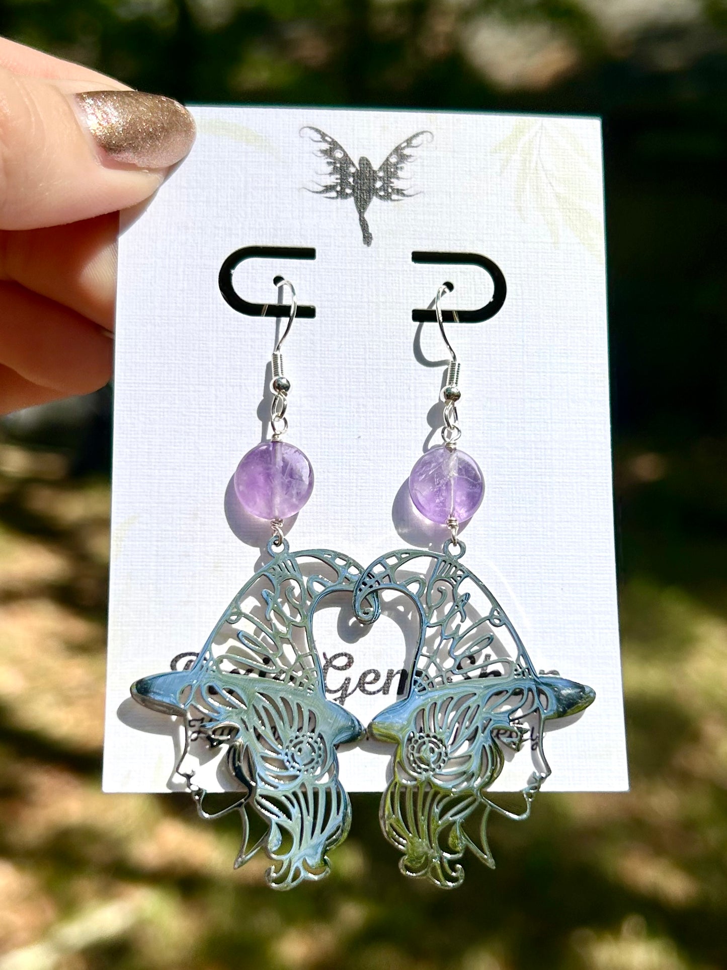 Witches & Amethyst Gemstone Sterling Silver Dangly Earrings